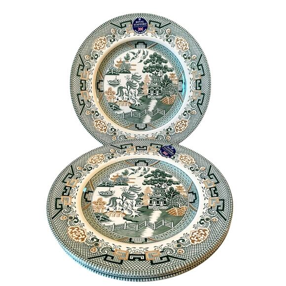 Royal Stafford Dinner Plates 11in Green & Gold Willow Pagoda Set of 4 New - Picture 16 of 16